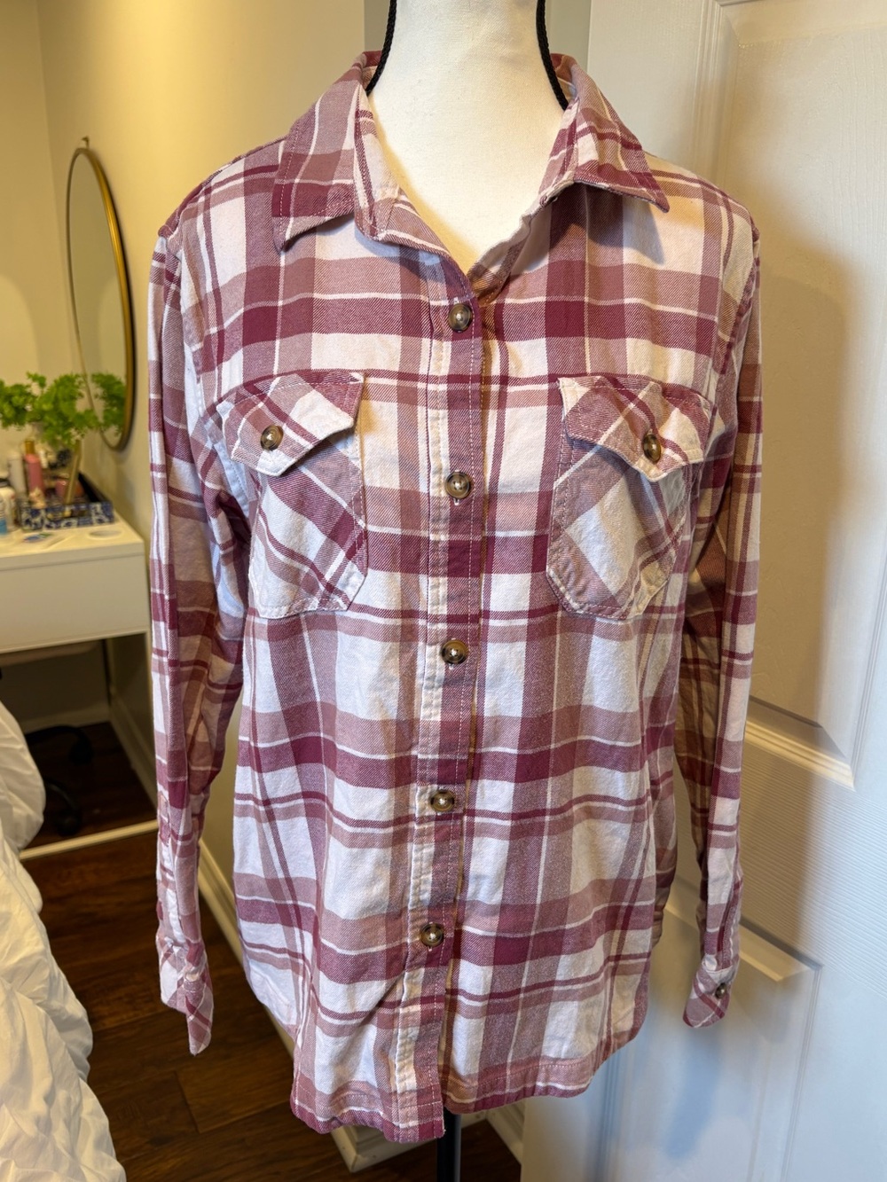 Frank & Oak Pink Mauve Plaid Flannel Button Down Shirt XL
